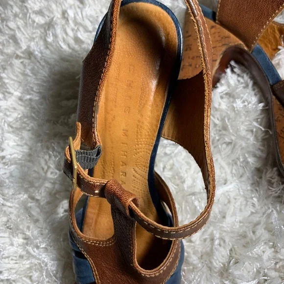 Chie Mihara Blue and Brown Cork Platform Heels Anthropologie - Picture 3 of 7